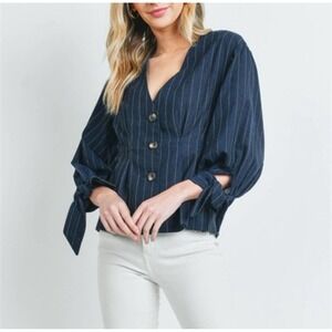 Étophe Studios Women's Navy & Tan Striped Tie Sleeve Top Size Medium